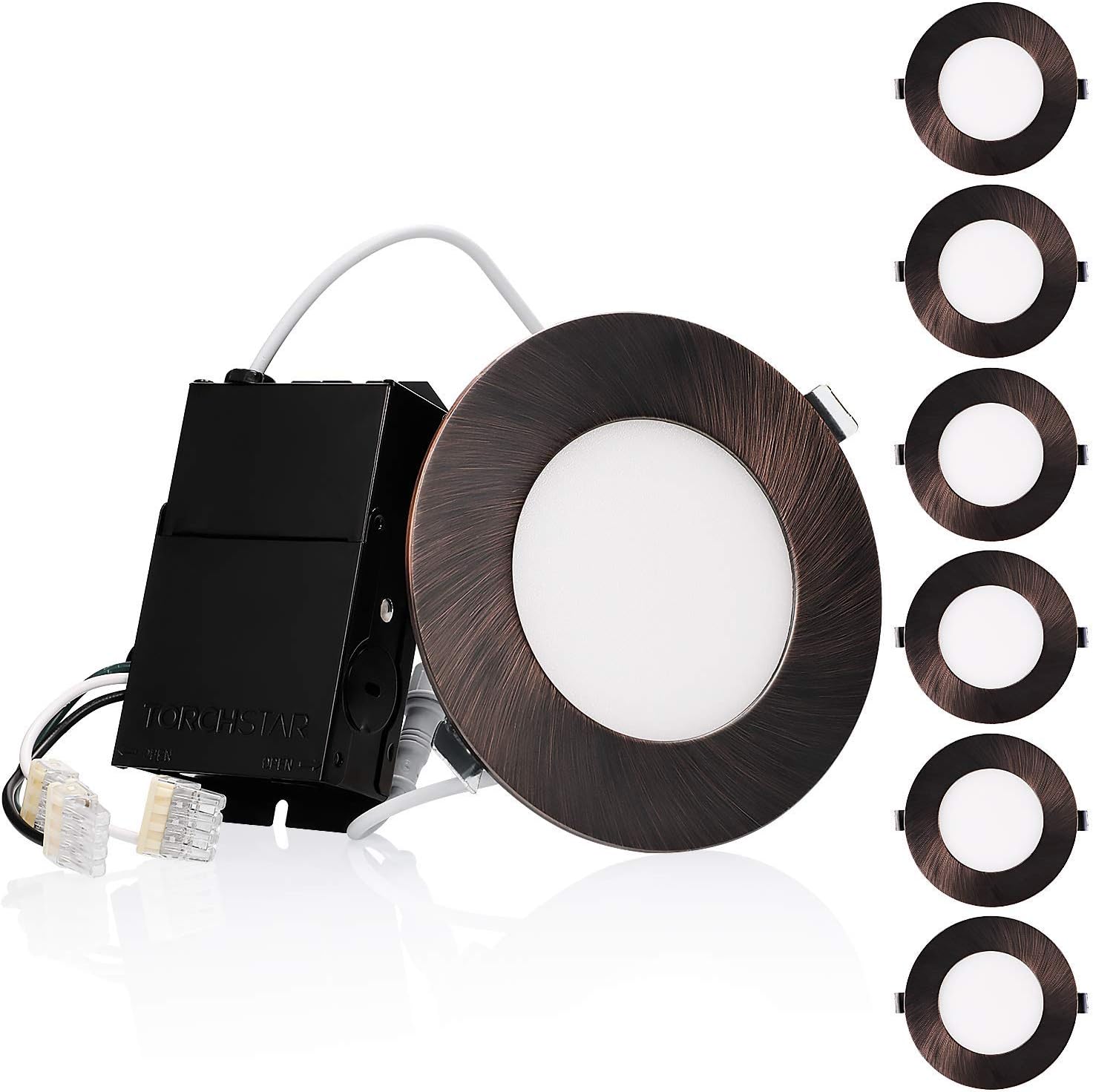TORCHSTAR E-Lite Series 4 Inch Ultra Thin LED Recessed Lights with J-Box, Slim Panel Downlight, 10.5W CRI90+, 10%-100% Dimmable, Oil Rubbed Bronze, 3000K Warm White, ETL & Energy Star, Pack of 6 Pack of 2