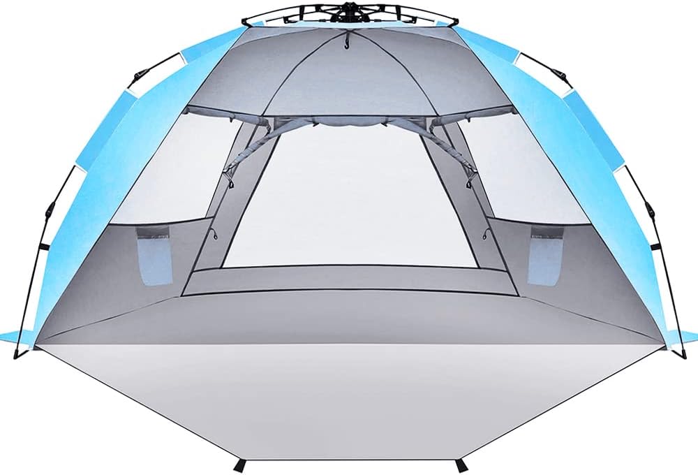 Hitosport Beach Tent, Sun Shelter, Pop Up Shade, Easy Setup XL Sun Tent for 4 Person, Outdoors, Windproof, UPF 50+, Tent Stakes, Guy Lines, Extended Zippered Pouch
