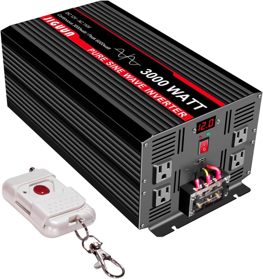 JIGUUN 3000 Watt/6000 Watt Pure Sine Wave Inverter, Power Converter 12V DC to 110v/120v AC, Car Inverter with 4 AC Outlets&USB Port 170ft Wireless Remote Control for RV CPAP Camping (3000-12v)