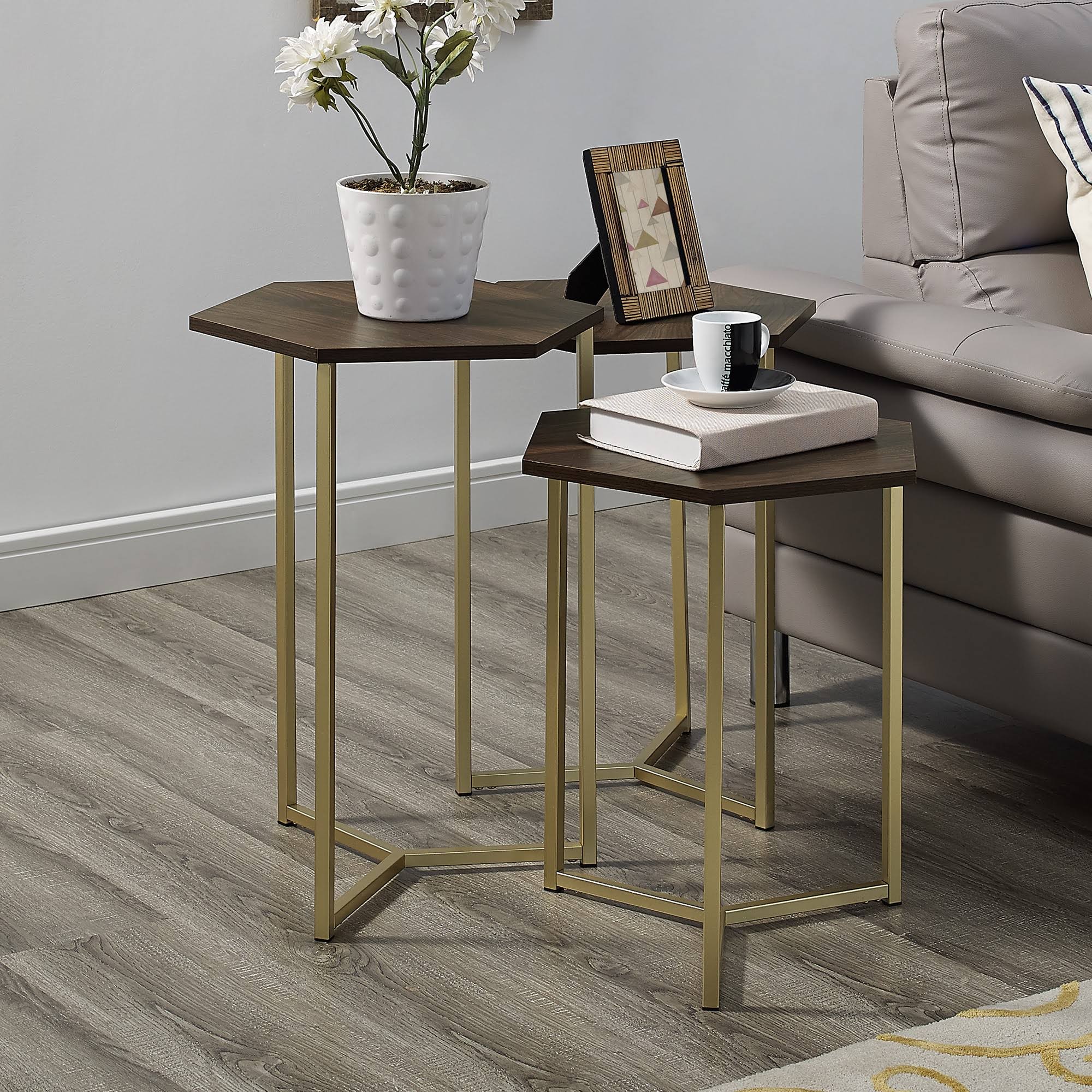 Set of 3 Beatriz Glam Geometric Nesting Hexagon Accent Tables Dark Walnut/Gold - Saracina Home