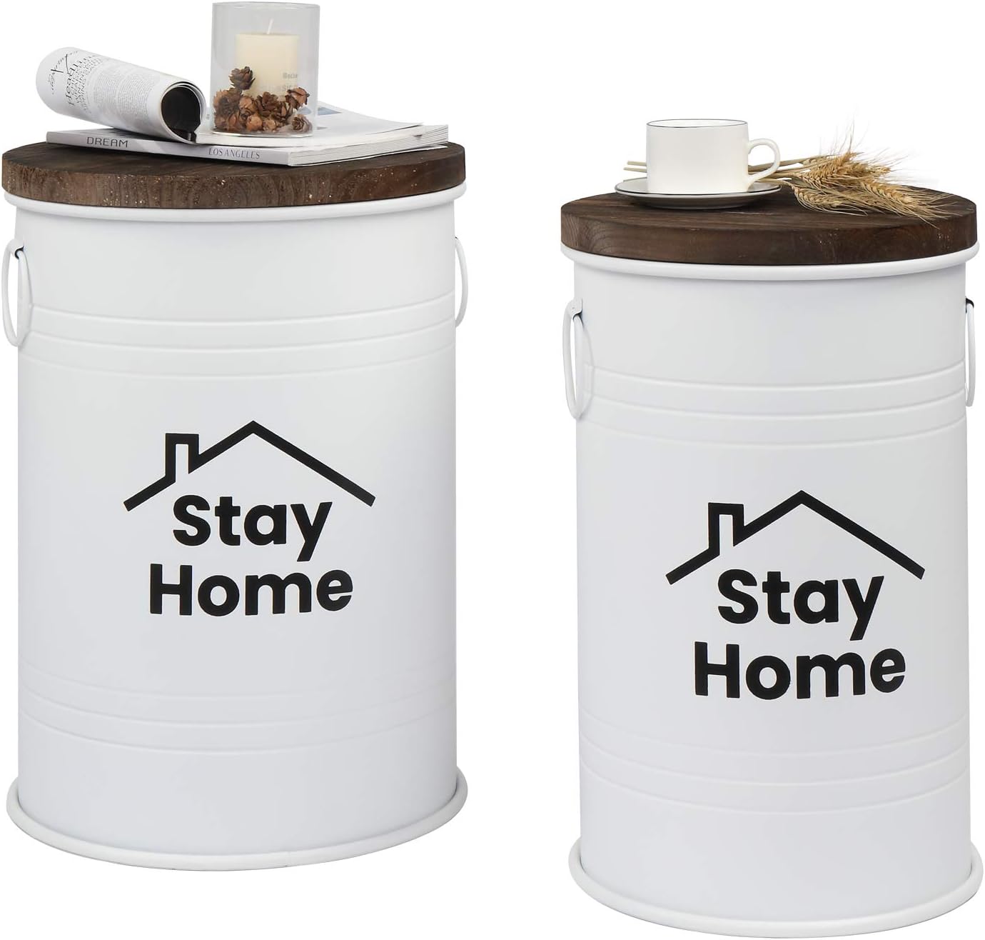 VINGLI Farmhouse Storage Bins Ottoman Stool, Rustic Galvanized Metal d&eacute;cor End Table Nightstand with Wooden Lid Decoration for Living Room Furniture,Set of Two (Black)