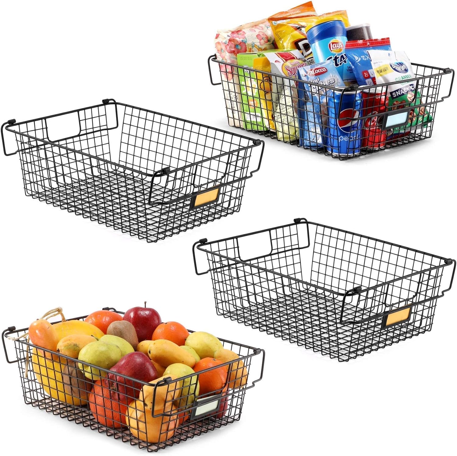 4 Pack [ XXXL Large ] Stackable Wire Baskets For Pantry Storage and Organization - Metal Storage Bins for Food, Fruit - Kitchen Bathroom Closet Cabinets Countertops Organizer Pack of 2