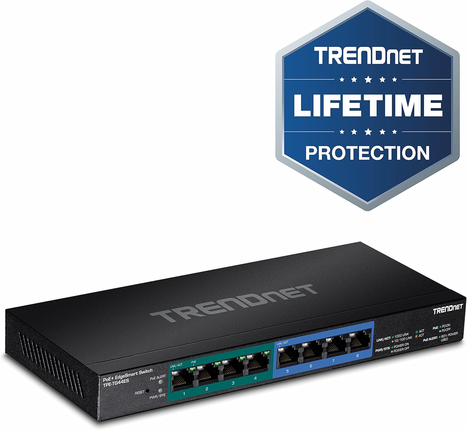 TRENDnet 8-Port Gigabit EdgeSmart PoE+ Switch, 60W PoE Power Budget, 16Gbps Switching Capacity, TPE-TG44ES, Black, 4 x Gigabit| 4 x Gigabit PoE + Pack of 2