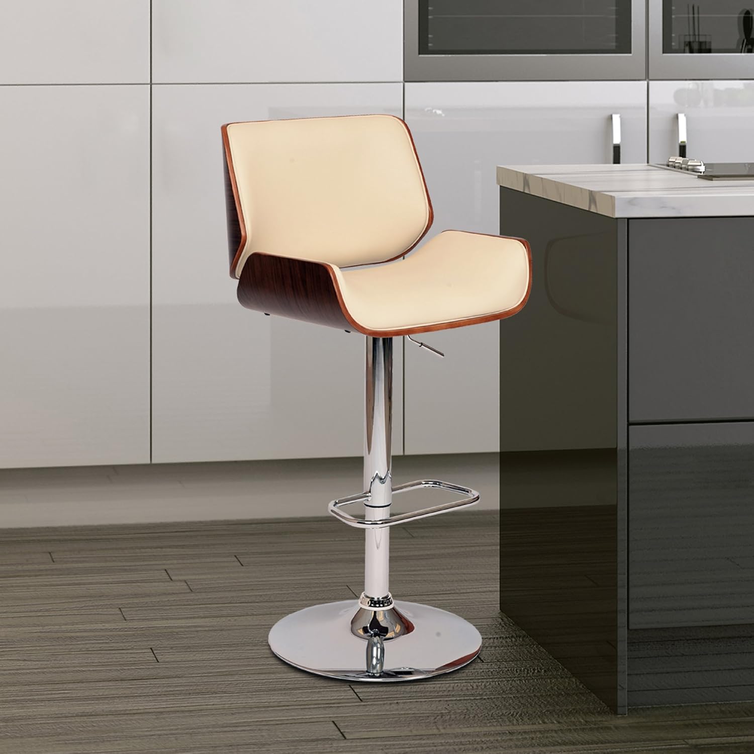 Armen Living London Swivel Barstool in Black Faux Leather and Chrome Finish