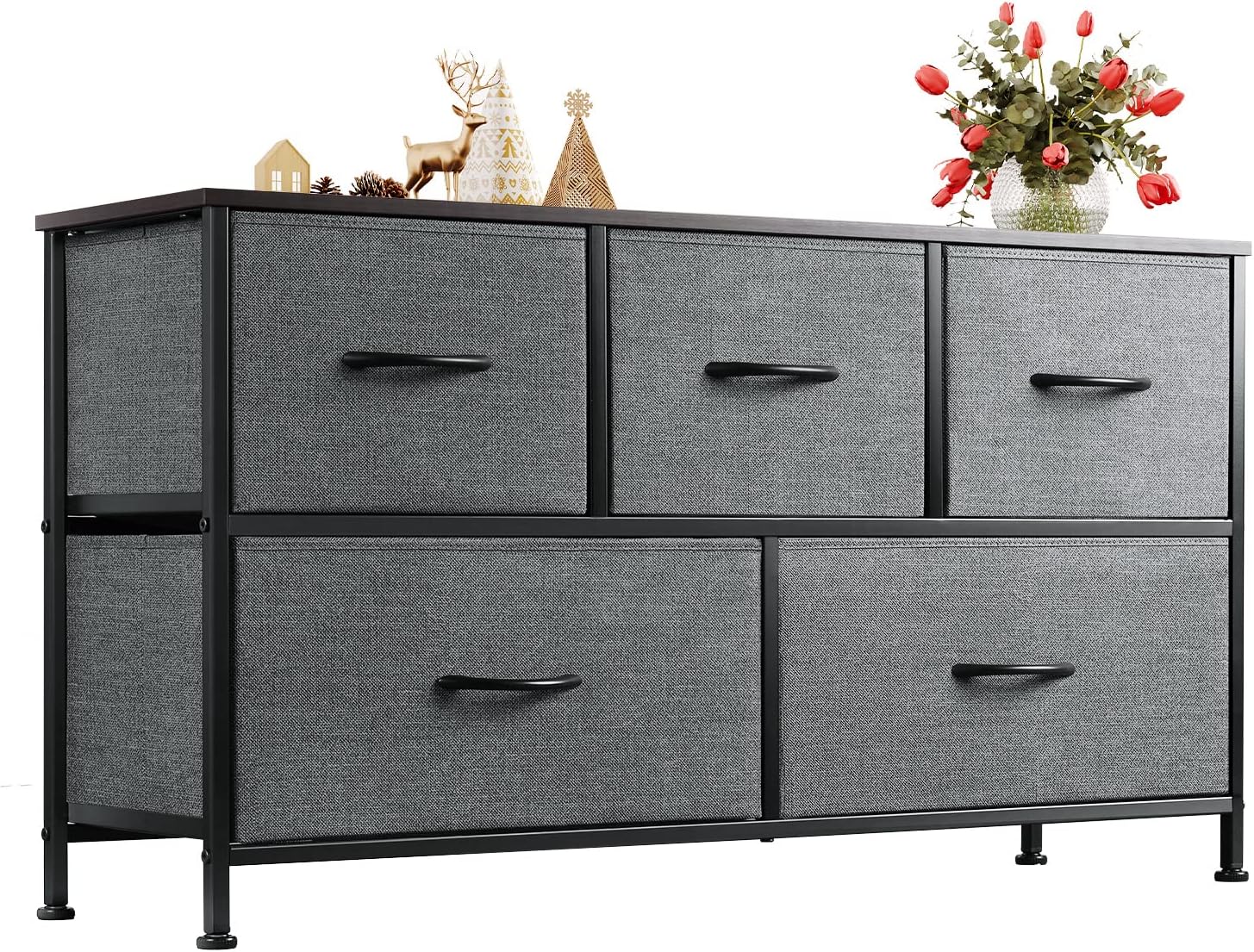 WLIVE Dresser with 5 Drawers, Fabric Storage Tower, Industrial Dresser for Bedroom, Hallway, Entryway, Closets, Sturdy Steel Frame, Wood Top, Easy Pull Handle, Black