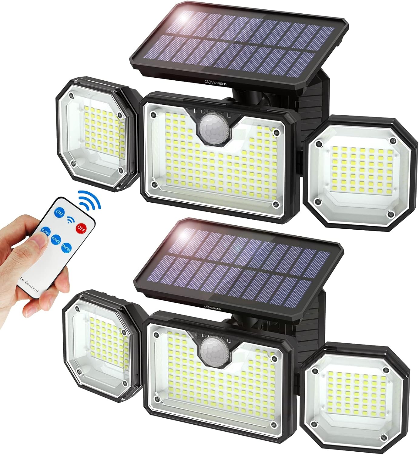 Solar Lights Outdoor with Motion Sensor, WICOLO Security Lights with Remote Control 3 Rotatable Heads 226 LEDs 270&deg;Wide Angle Illumination 6500K IP65 Waterproof Flood Lights for Garage Yard (2 Pack)