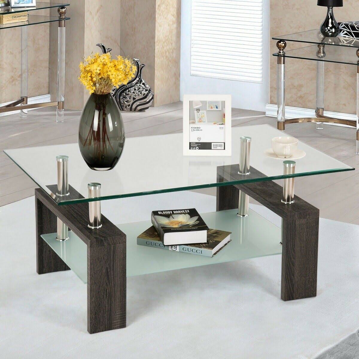Rectangular Tempered Glass Coffee Table with Shelf-Black
