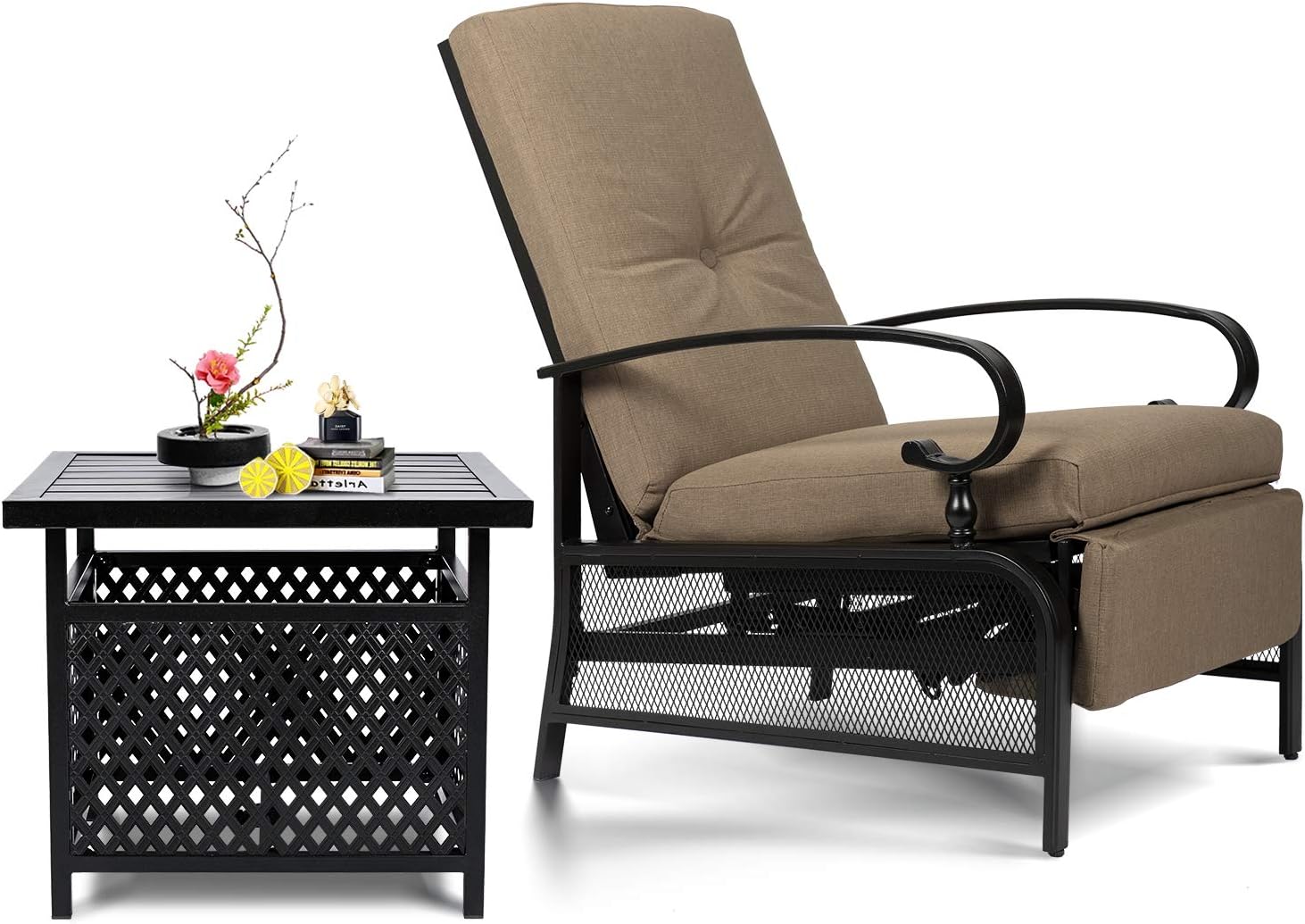 SUNCROWN Outdoor Recliner Chair Patio Adjustable Recliner Chair and Umbrella Side Table (Peacock Blue)