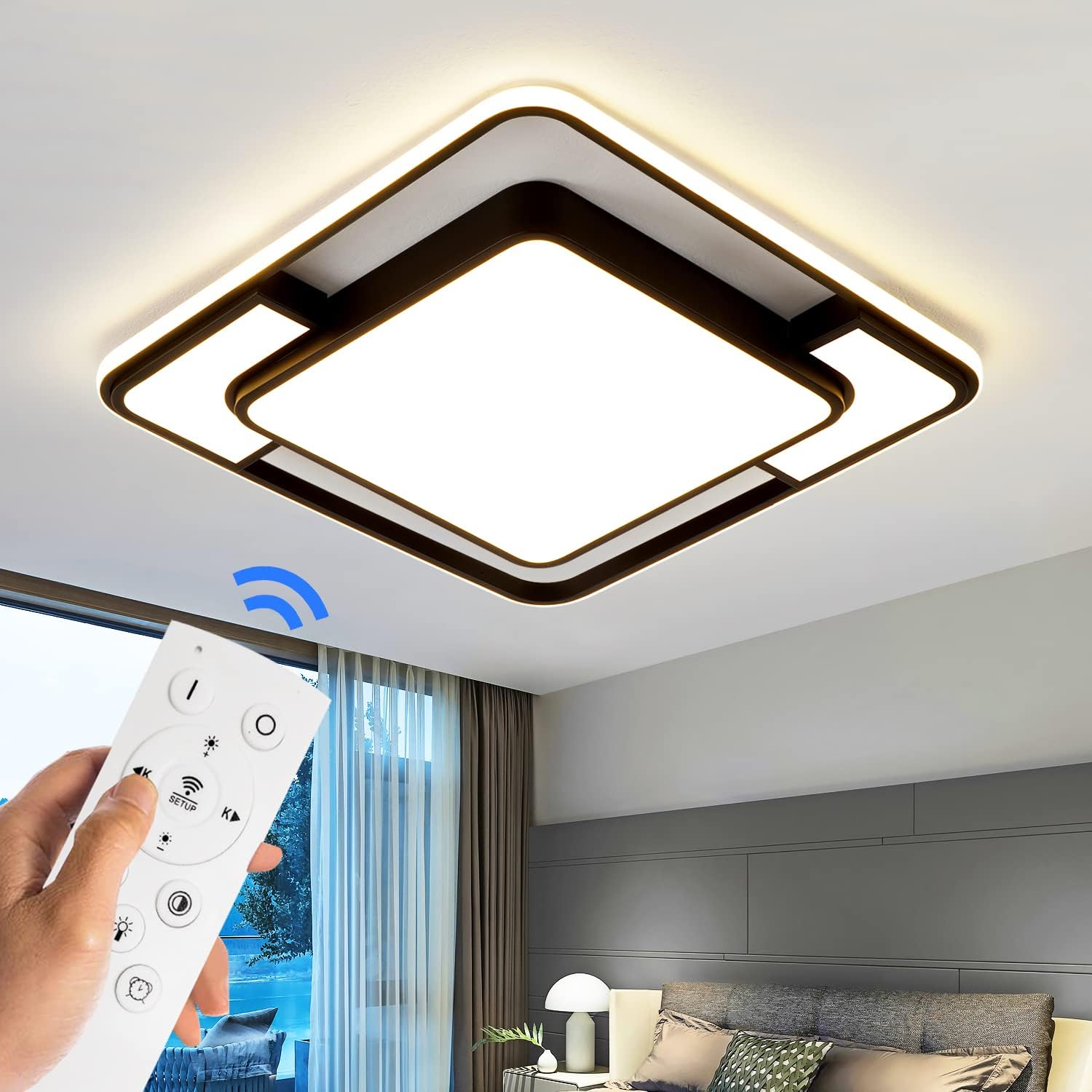 62W Dimmable LED Flush Mount Ceiling Light Fixture with Remote Control, 3000K-6500K 3-Color Chandelier Modern Lamp Black, 15.74inch Close to Ceiling Dining Room Bedroom Square Kitchen Lights