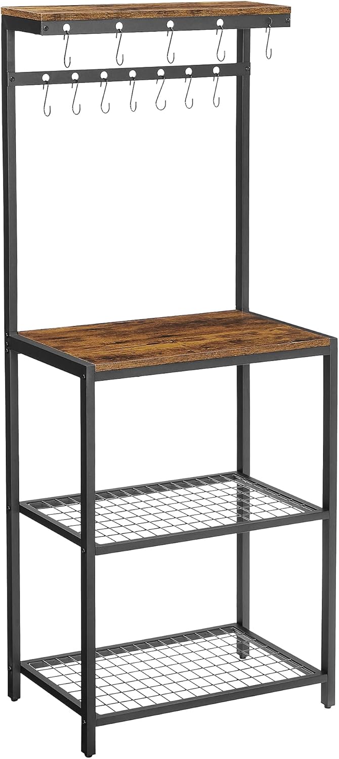 VASAGLE ALINRU Kitchen Baker's Rack, Microwave Oven Stand with Storage Shelves, and 12 Hooks, Industrial, 23.6 x 15.7 x 54.3 Inches, Rustic Brown and Black UKKS021B01