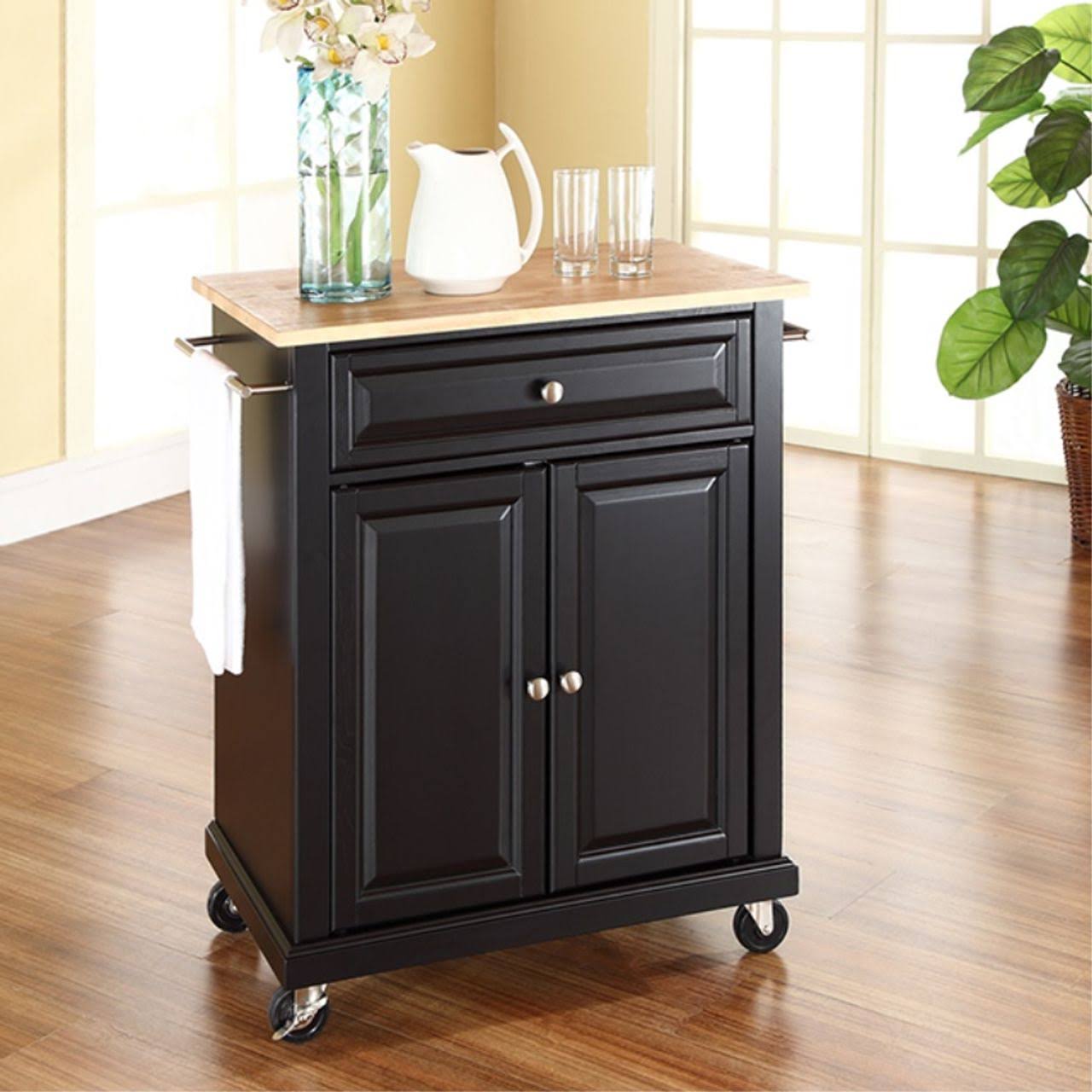 Natural Wood Top Portable Kitchen Cart/Island in Black Finish