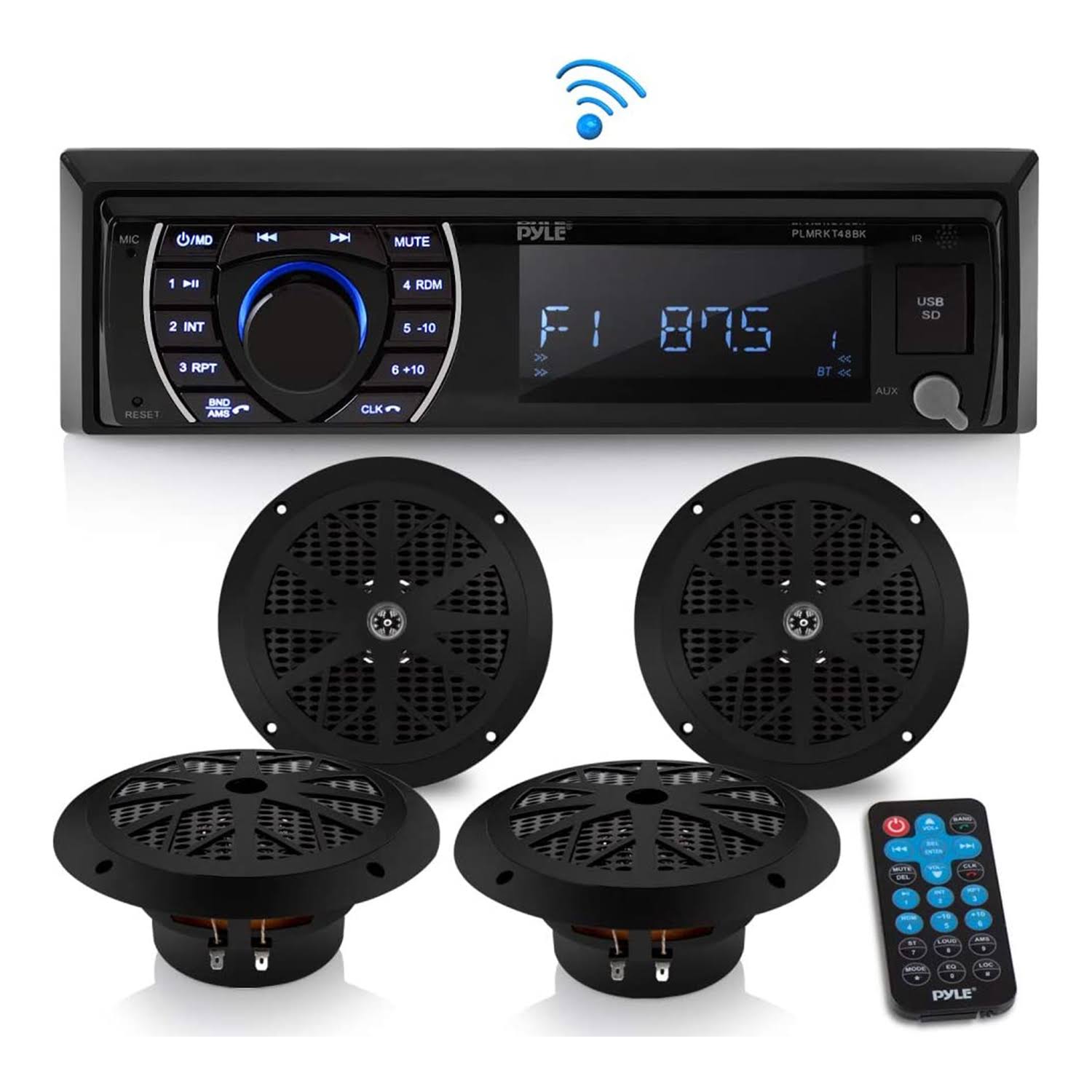 Pyle 6.5 inch Bluetooth Marine Receiver Stereo and Speaker Kit, Black (2 Pack)