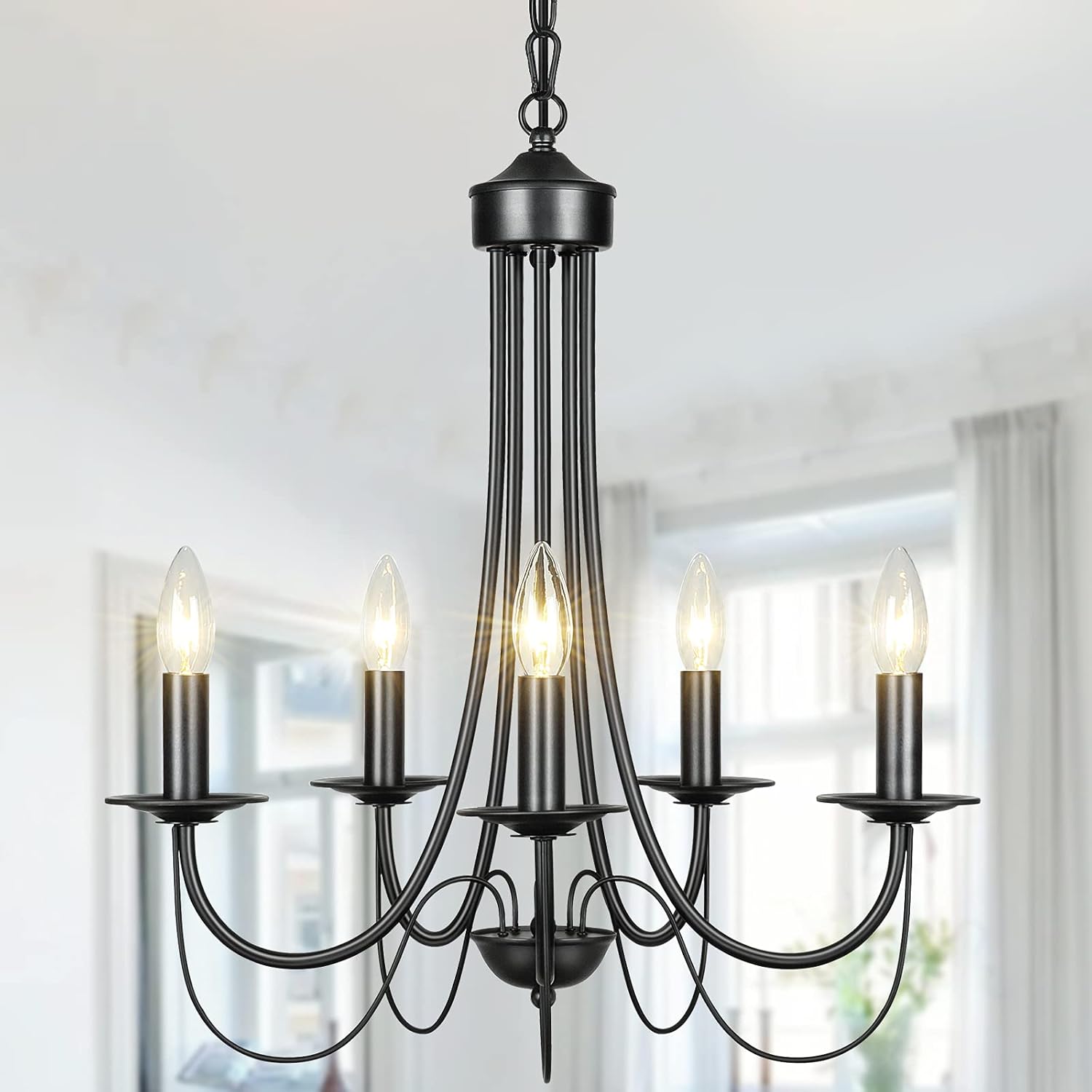 Derksic Black Chandelier 5-Light Farmhouse Candle Chandelier Rustic French Country Metal Chandeliers for Dining Room Living Room Bedroom Kitchen Foyer