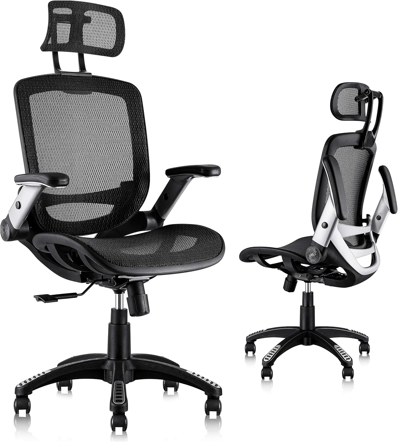 Gabrylly Ergonomic Mesh Office Chair, High Back Desk Chair - Adjustable Headrest with Flip-Up Arms, Tilt Function, Lumbar Support and PU Wheels, Swivel Computer Task Chair, Grey