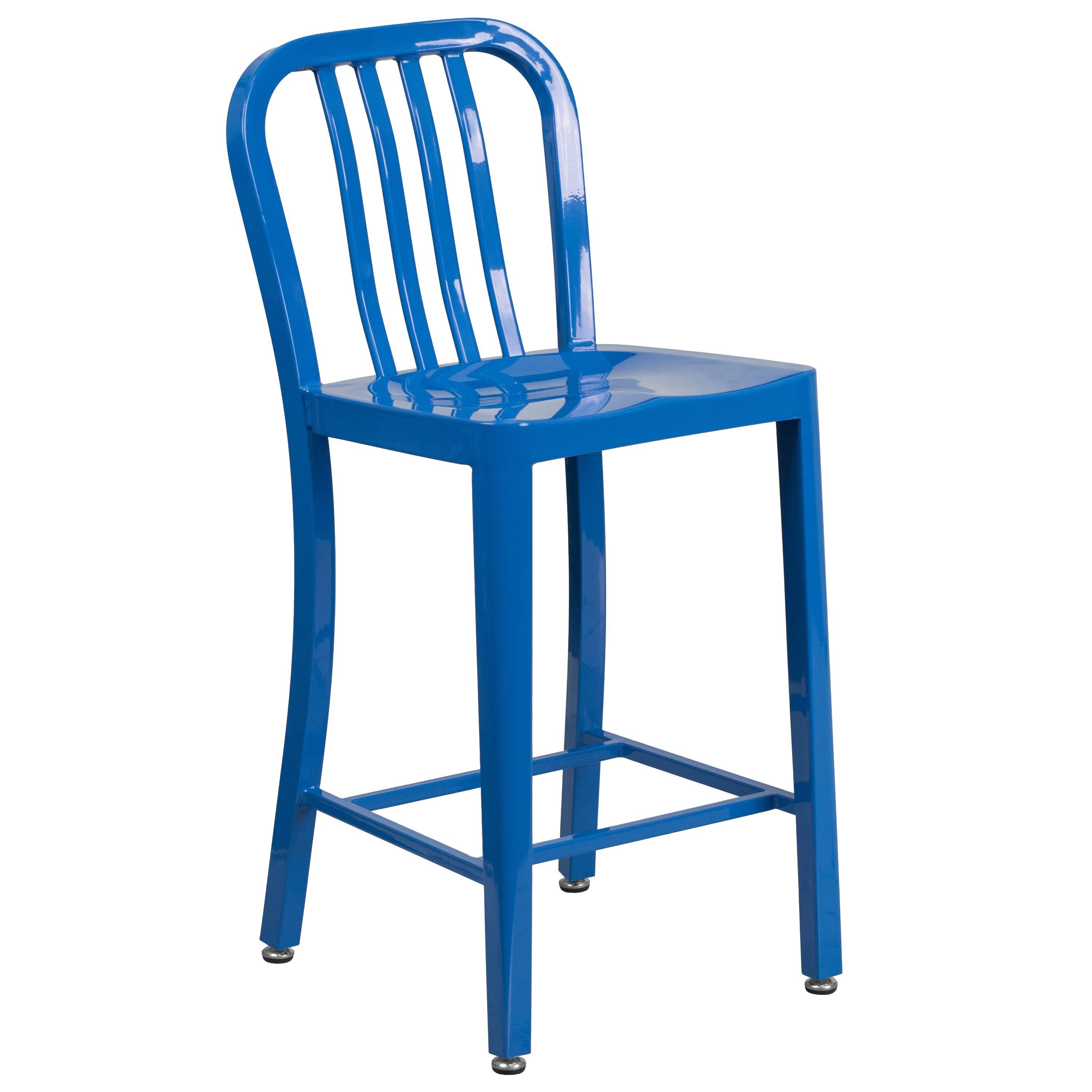 Flash Furniture 24x22 High Blue Metal Indoor-Outdoor Counter Height Stool with Vertical Slat Back