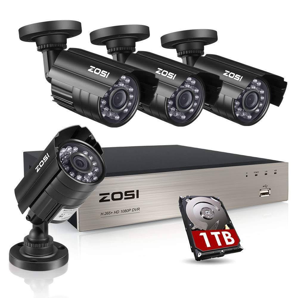 ZOSI 8-Channel 1080p 1TB DVR Security Camera System with 4 Wired Bullet Cameras, Black