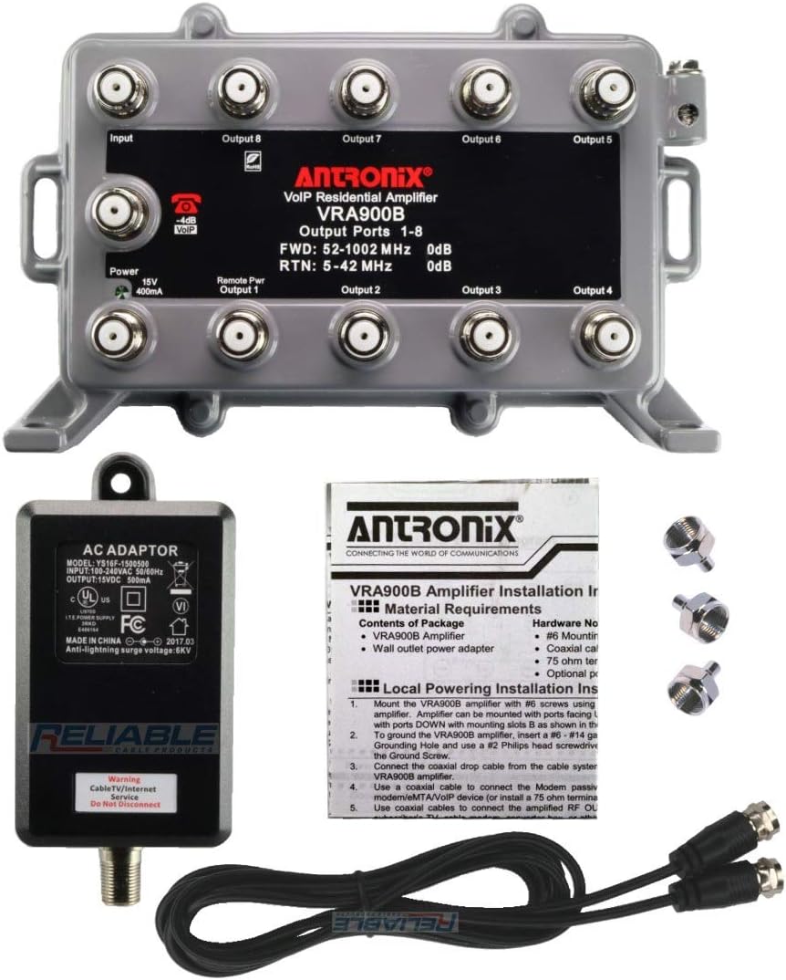 9 Port Bi-Directional Cable TV Splitter Signal Booster/Amplifier Kit with Active Return Zero Signal Loss VoIP Telephone Bypass Port includes F59 Terminators and 3' Custom Dedicated Power Cable