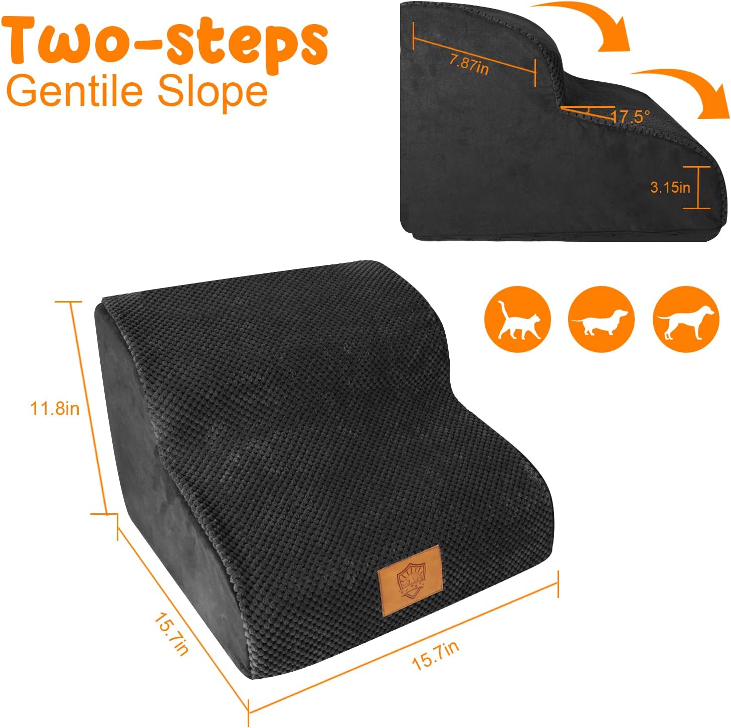 Yamxot High Density Foam Dog Ramp Pet Stairs 2 Steps,Non-Slip,Soft Wide Deep Foam Ladder,for Older or Disabled Dog,for Bed Couch Sofa,Color Black