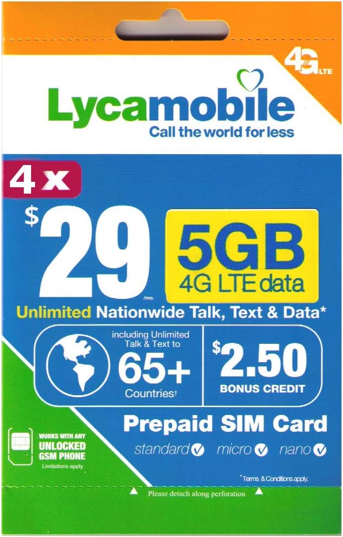 Lycamobile $29 Plan Prepaid Sim Card Including 4 Month Free Service-New Activation Only-No Port in