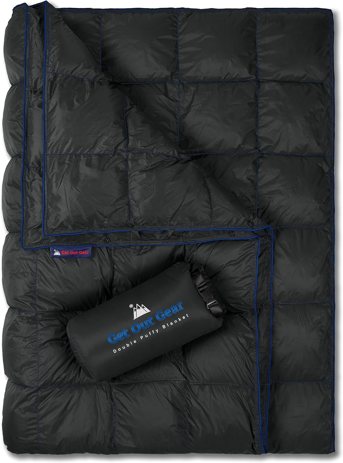 Get Out Gear Double Puffy Camping Blanket - Extra Puffy, Packable, Lightweight and Warm | Ideal for Outdoors, Travel, Stadium, Festivals, Beach, Hammock | Water-Resistant Camp Quilt (Blue/Red)