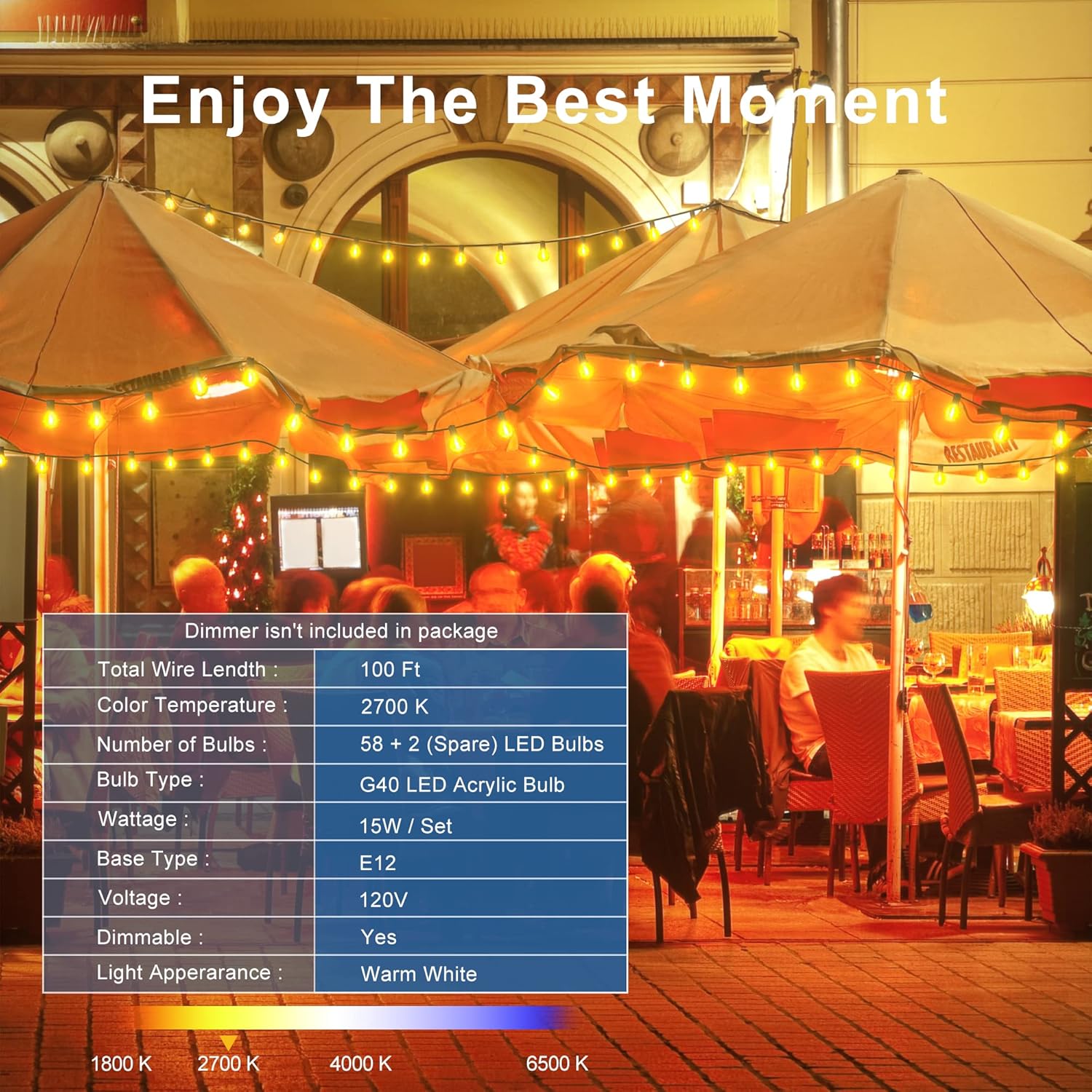 Outdoor String Lights 100ft Globe Outdoor Lights with Waterproof Shatterproof 60 LED Bulbs(2 Spare)Connectable Patio Lights for Indoor/Outdoor Backyard Garden Porch Party Led Outdoor String Lights