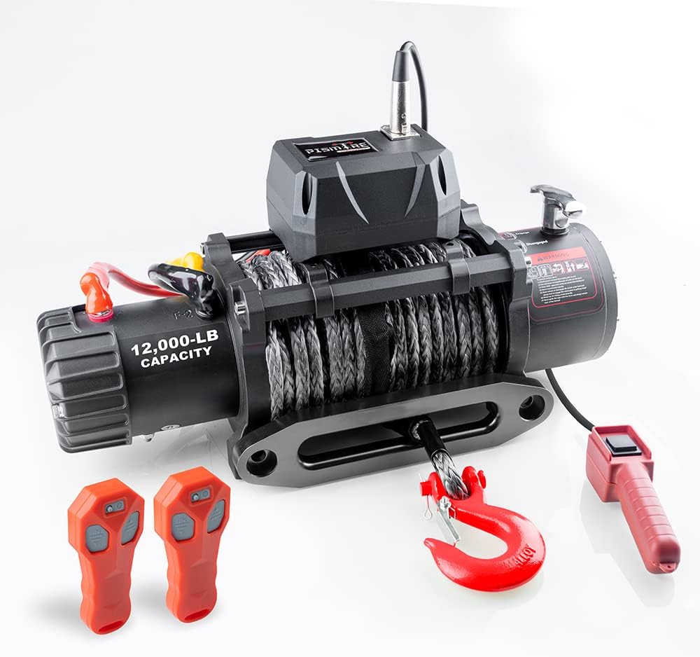 Pismire 12V Synthetic Rope Winch-12000 lb. Load Capacity Electric Winch Kit,Waterproof IP67 Electric Winch with Both Wireless Handheld Remote and Corded Control Recovery