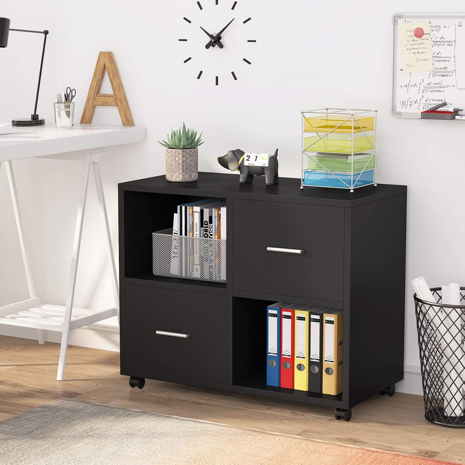 Tribesigns 2 Drawers File Cabinet, Mobile Lateral Filing Cabinet, Large Printer Stand with Open Storage Shelves and Wheels, Rolling File Cabinet for Home Office(Black)