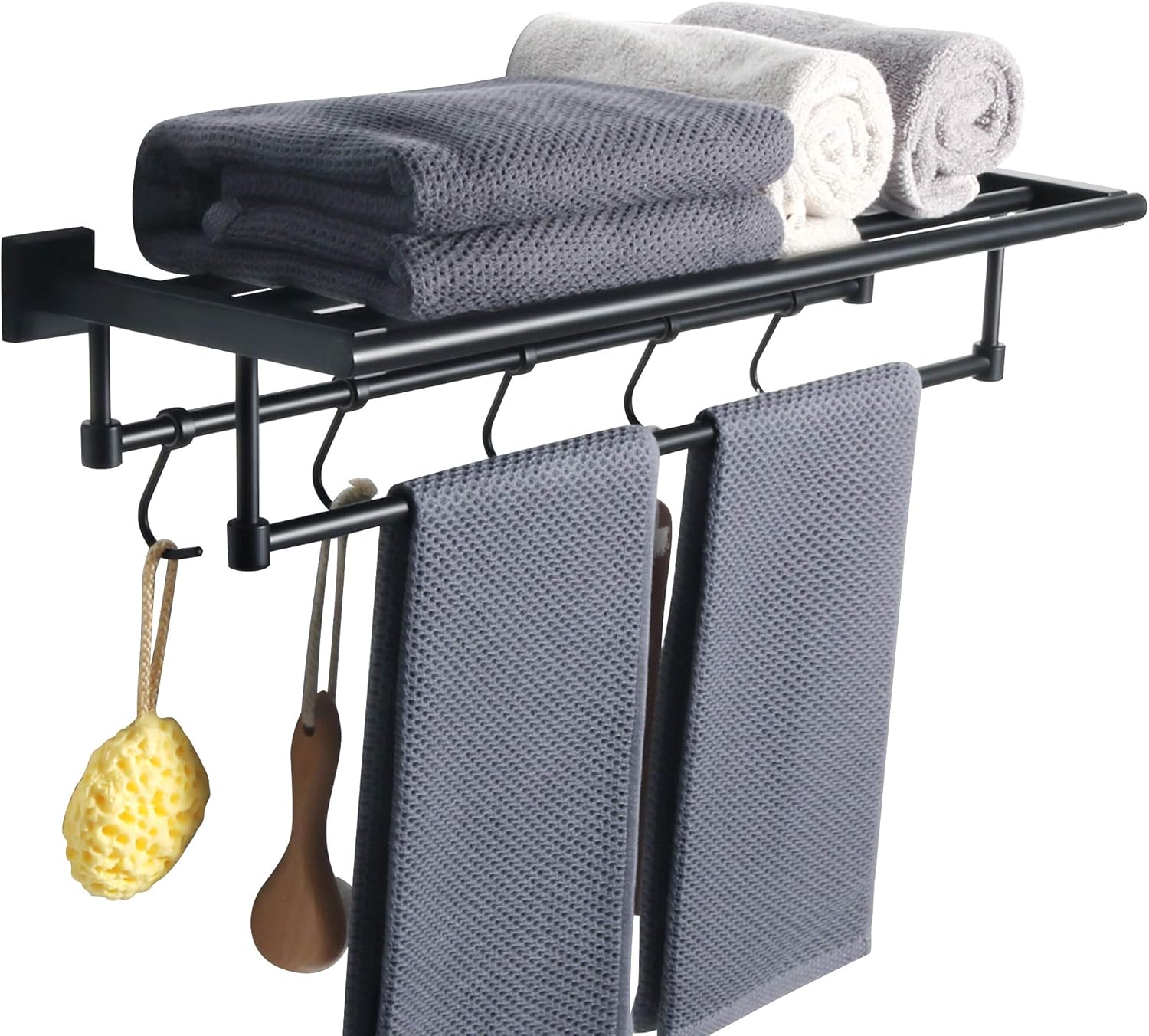 Alise Bathroom Lavatory Towel Rack Towel Shelf with Two Towel Bars and 5 Hooks Wall Mount Holder,24-Inch GDL5000J-B SUS 304 Stainless Steel Black Finish Pack of 2