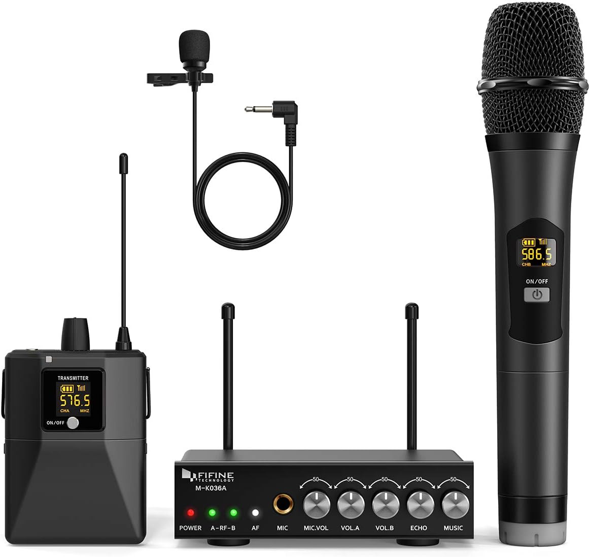 FIFINE Wireless Microphone System with Lavalier Lapel & Handheld Mic, Dual Cordless Mics, Selectable UHF Frequency, Extra Mic Input, Audio Input, for Church Wedding Presentation Performance DJ-K036A Pack of 2