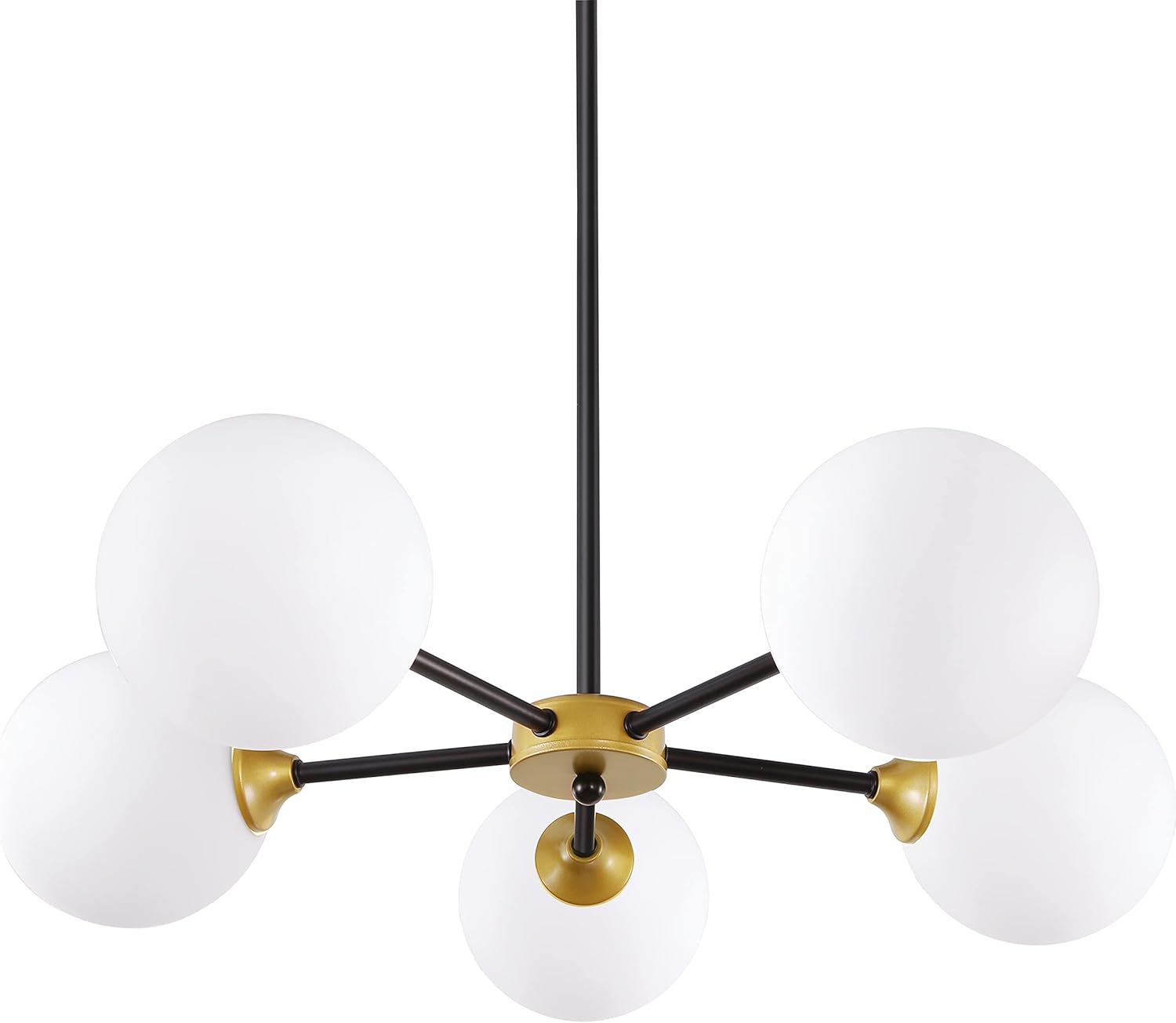 Tochic Modern Sputnik Chandelier 5 Light Black and Gold, Mid Century Contemporary Pendant Lighting with Globe Bulbs, Retro Light Fixtures for Dining Room Kitchen Island, Globe Frosted Glass Shade