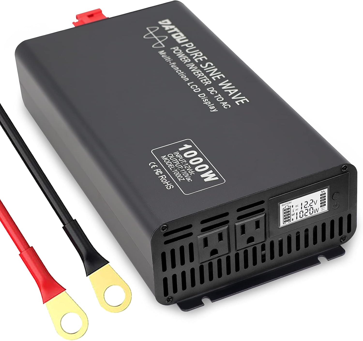 Pure Sine Wave Power Inverter 1000W 2000W Converter DC 12V to 110V 120V AC 60Hz with 2 AC Outlets LED Display for Home Solar System RV Car Inverter