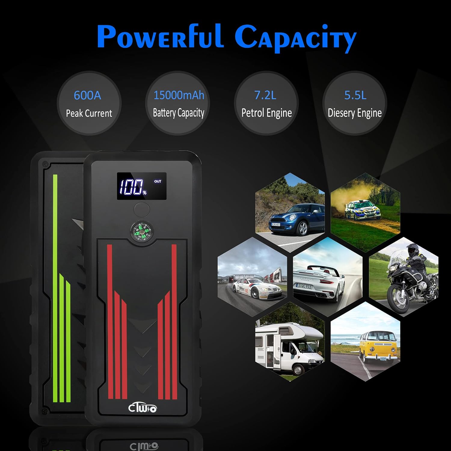 Battery Jump Starter for Car, CTWJO 12V 600A 15000mAh Portable Jump Starter Booster with USB-C Smart Port, Compass, LCD Screen, LED Light, Travel Case Pack of 2