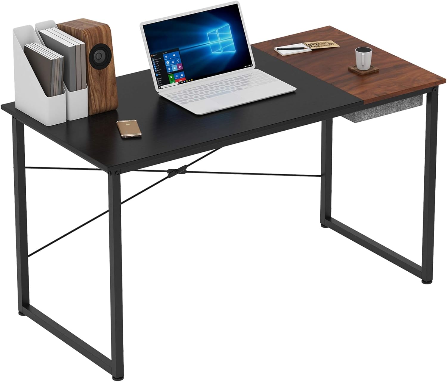 COTUBLR 55 Inch Computer Desk with Storage Box Home Office Writing Study Laptop Table, Modern Simple Style Desk with Drawer, Black White Pack of 2