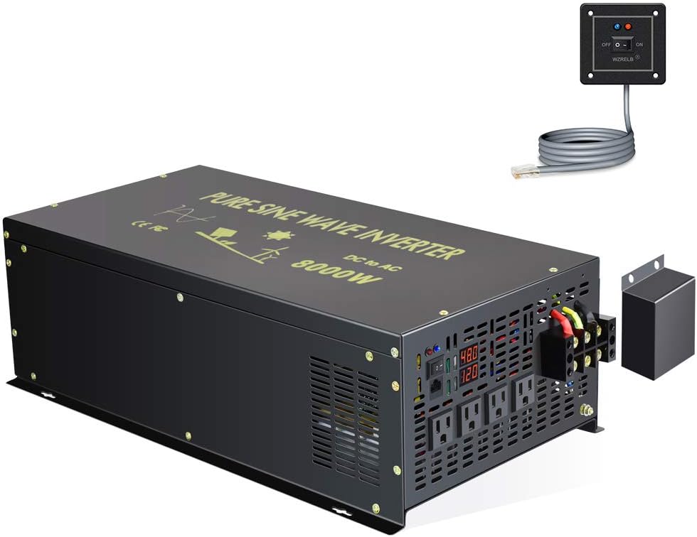 Reliable 8000W Continuous Power Heavy Duty Pure Sine Wave Power Inverter DC 48V to AC 120V with 4 AC Outlets Remote Control 66A Hardwire Terminal and LED Display for RV Car Solar System Emergency