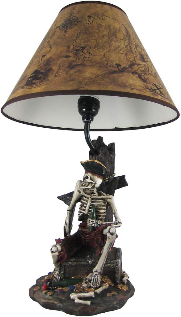 21 Inch Pirate Skeleton Caribbean Table Lamp With Treasure Map Shade Nautical Desk Light Beach Home Decor
