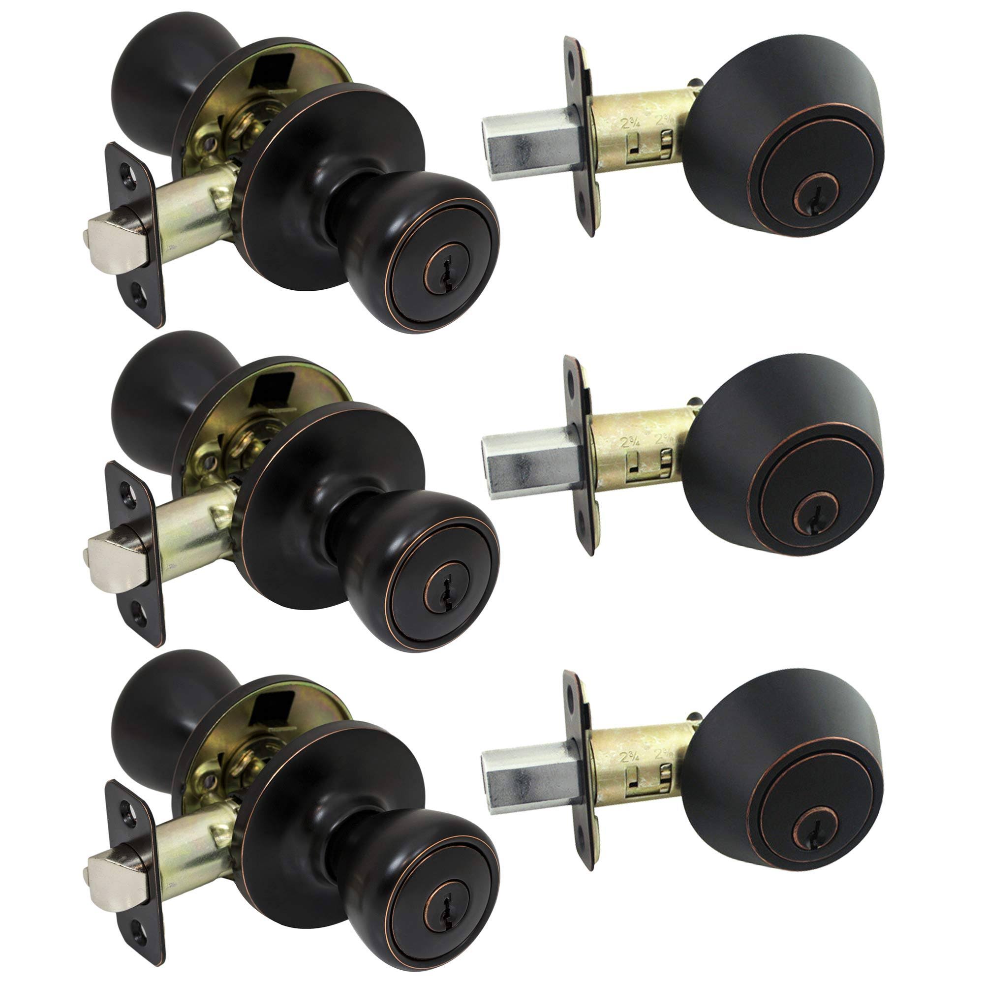 3 Pack of Pro-Grade Classic Entry Door Knob and Deadbolt Combo Sets, Oil Rubbed Bronze