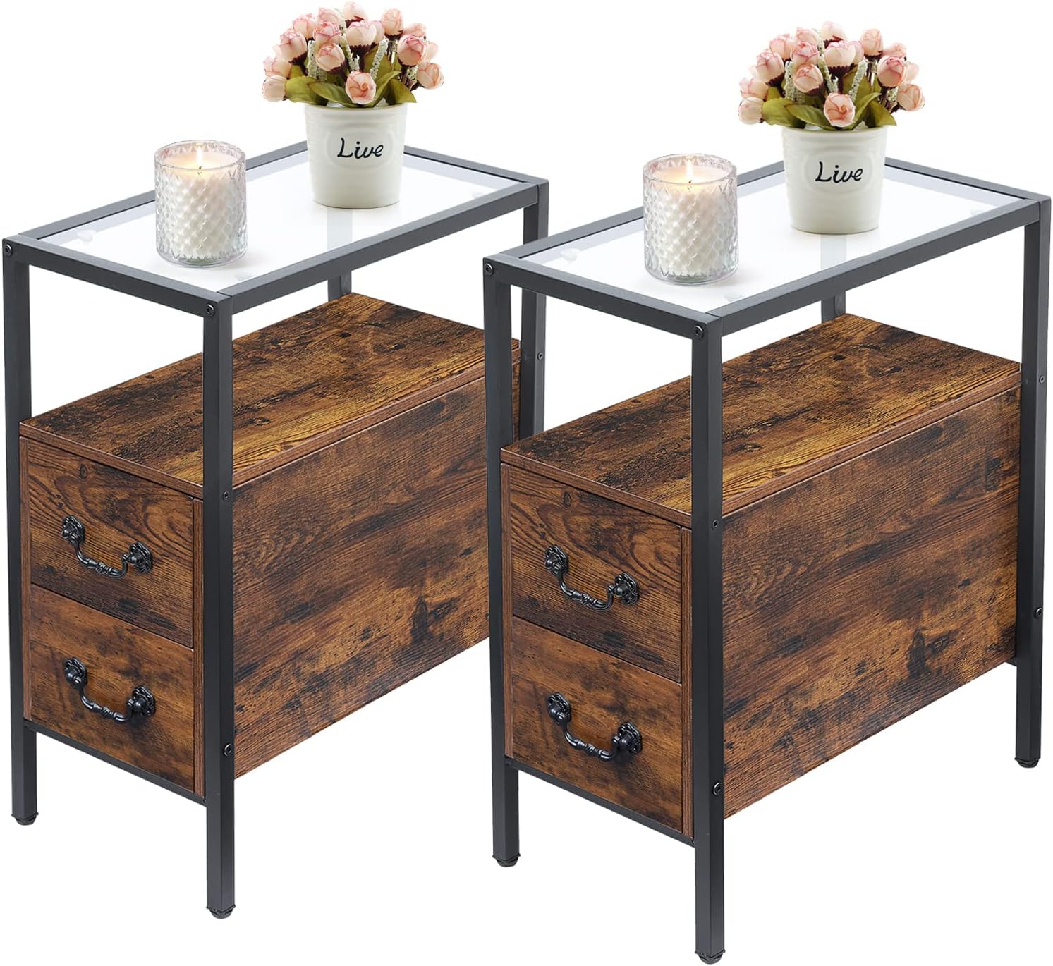 VECELO End Versatile Recliner Side Table with Drawer and Open Shelf Narrow Nightstand Tempered Glass for Small Spaces in Living Room Bedroom Office Lounge, Black