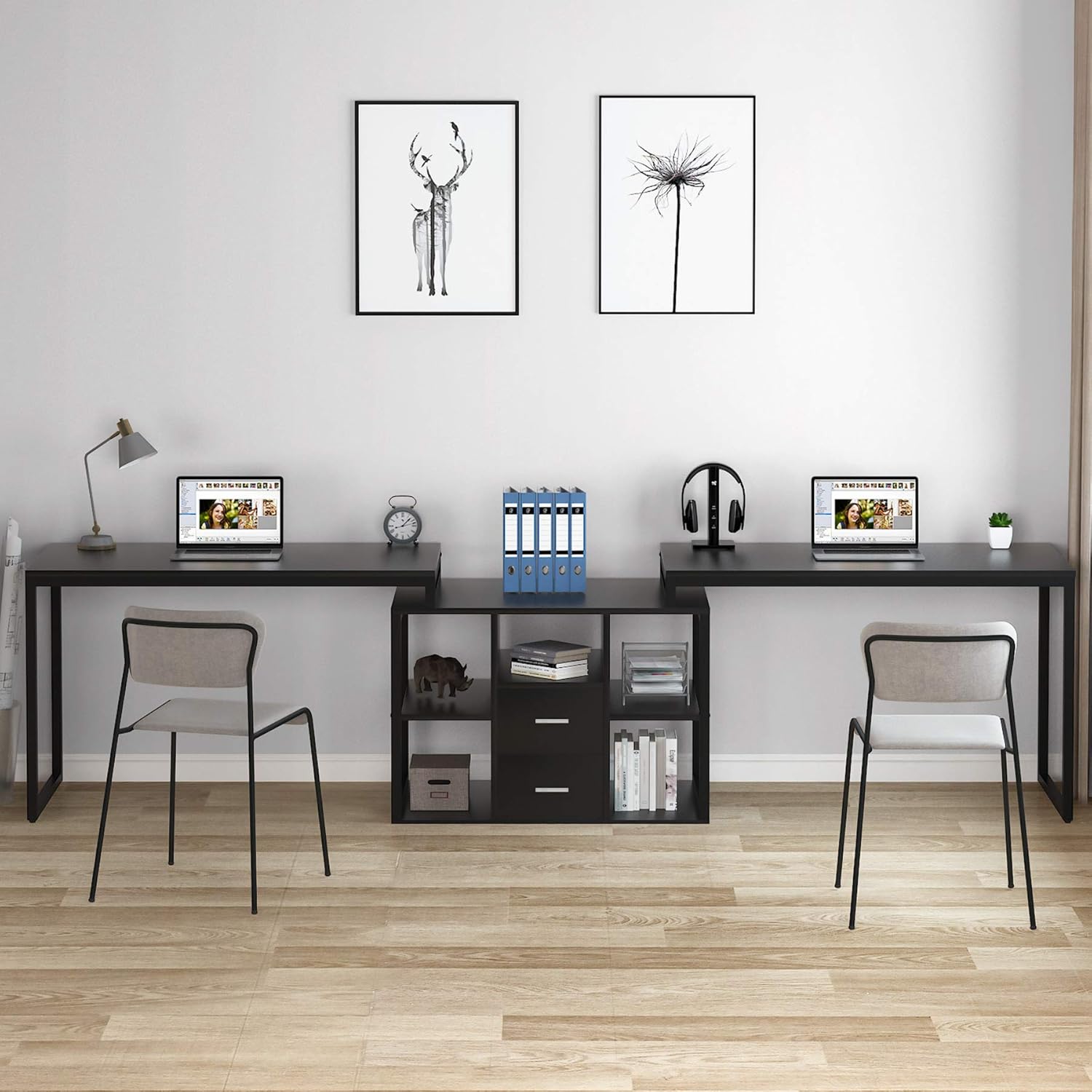 Tribesigns 114 Inch Computer Desk for Two Person, Large Double Workstation with Printer Stand, Extra Long Office Desk with File Cabinet & Open Shelves for Home Office, All Black