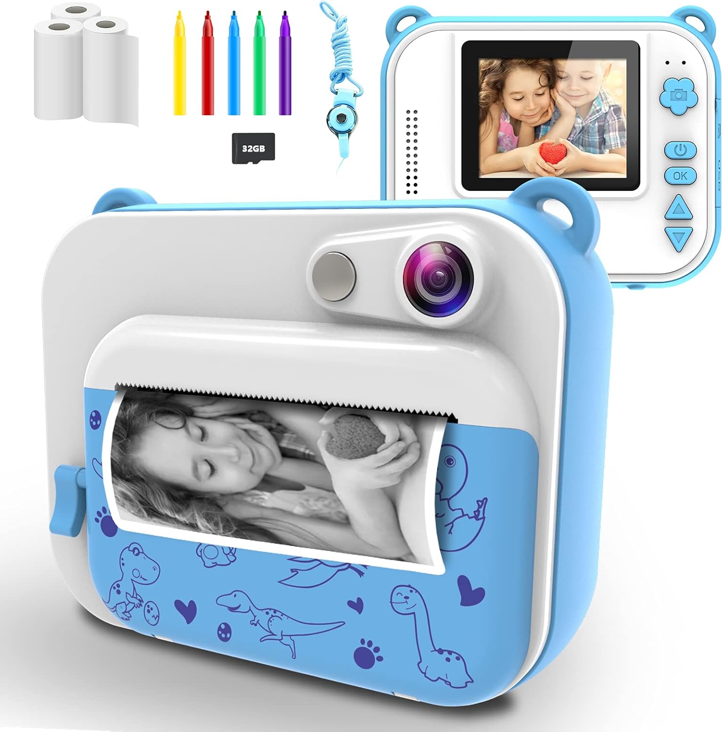 USHINING Instant Print Camera for Kids, 12MP Digital Camera for Kids Aged 3-12 Ink Free Printing 1080P Video Camera for Kids with 32GB SD Card,Color Pens,Print Papers (Blue) Pack of 2