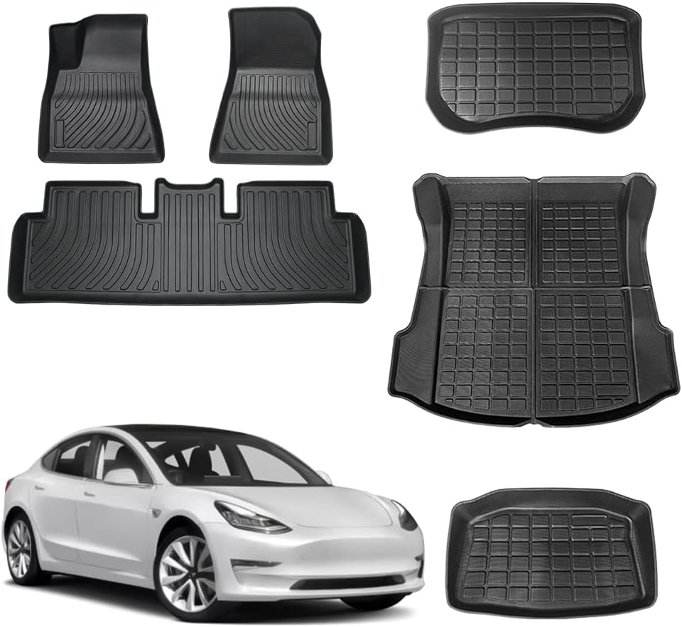 CENFUN for 2021 2022 Tesla Model 3 All Weather Full Set of Floor Mats Storage mats and Trunk mat,Fit 2021-2022 Model 3 Interior Accessories （Set of six）