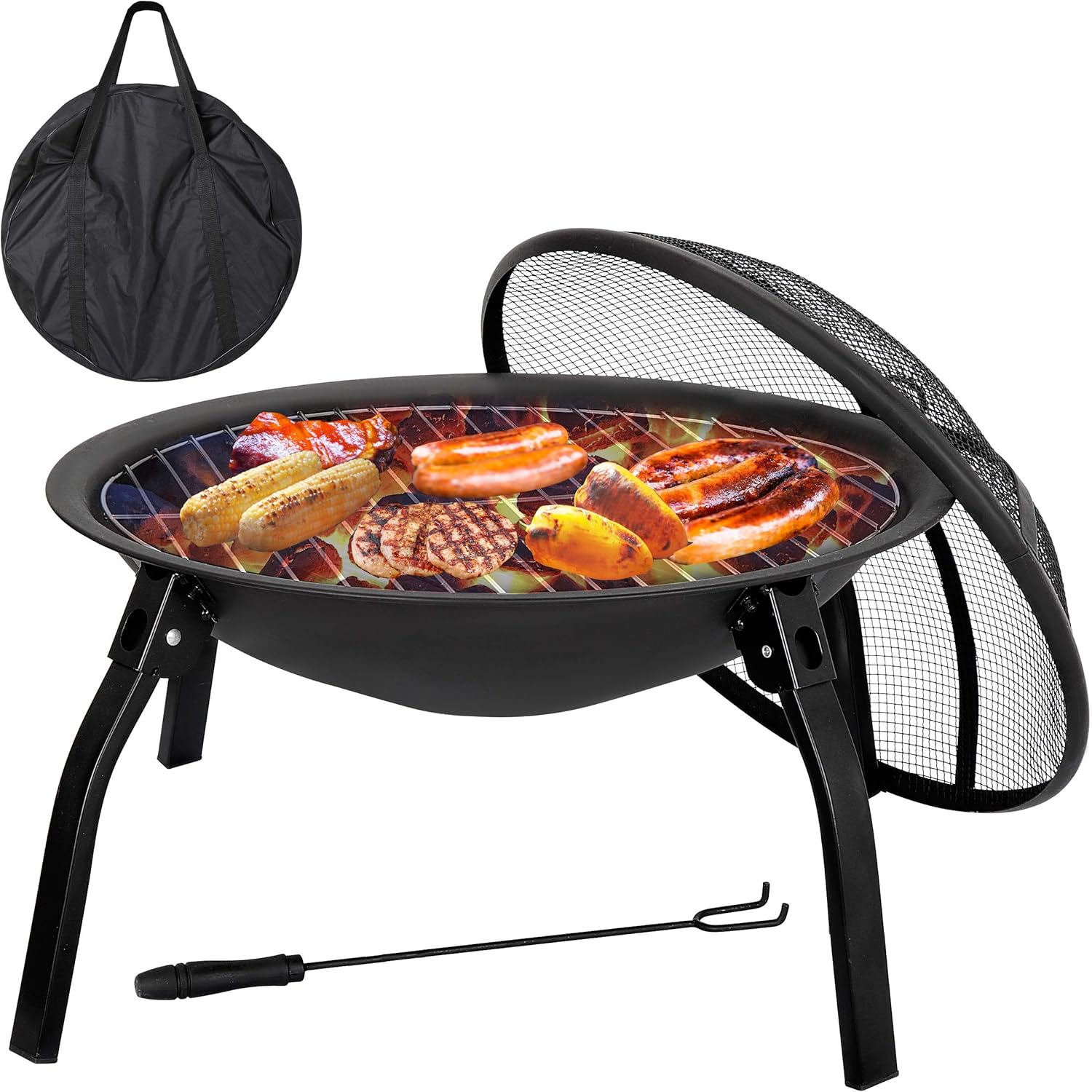 Nouva Outdoor Fire Pit Bowl, 22 Inches Diameter Wood Burning Steel&nbsp;Fire Patio & Backyard Firepit&nbsp;&nbsp;for Outside&nbsp;with BBQ Grills Cooking Grate, Spark Screen Cover, Fire Poker, Hand Bag