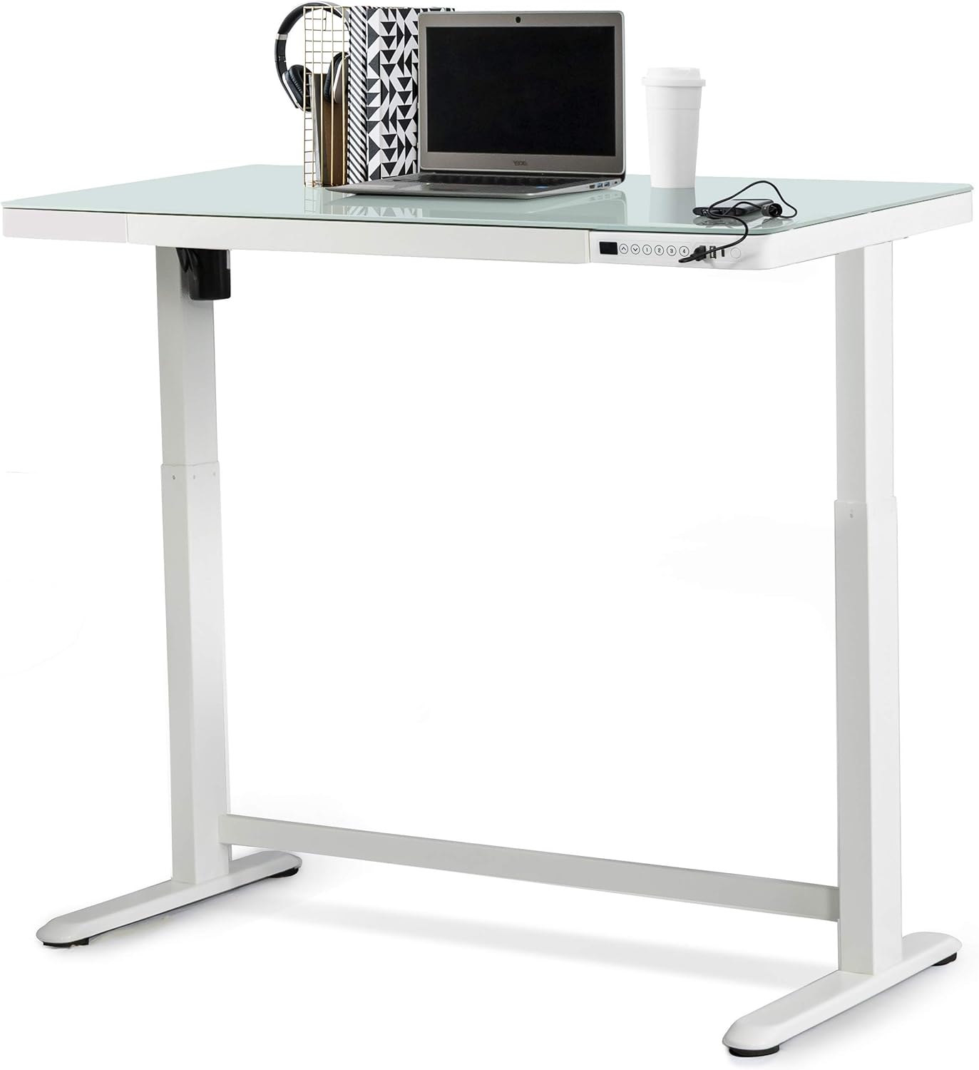 Jefferson Electric Standing Desk with Drawer, 48 x 24 Modern Glass Top Adjustable Height Sit Stand Desk, Motorized Uplife, Memory Controller, Child Lock, Black