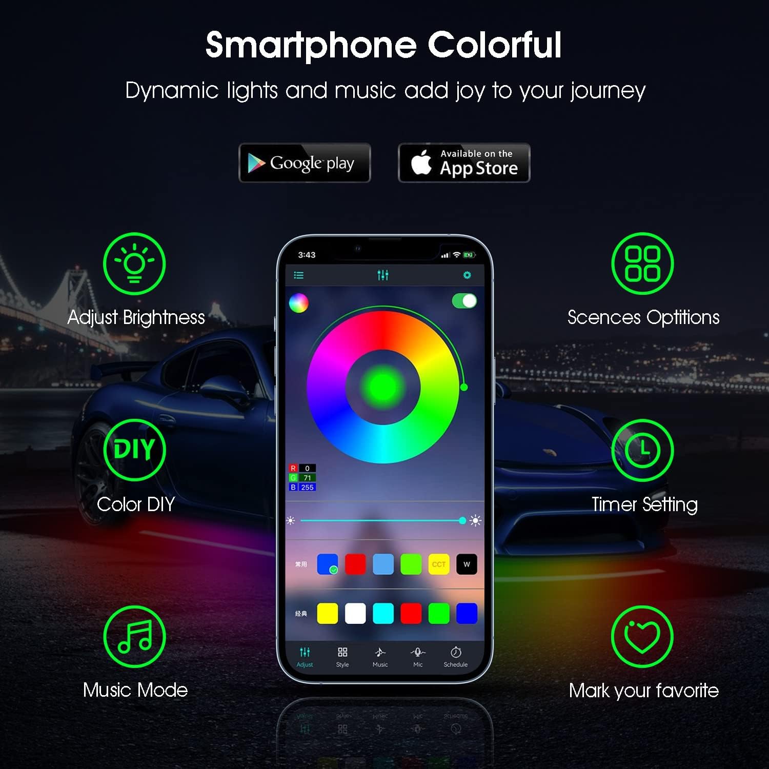 Abbott 4+4 Car lights Underglow Exterior and Interior, Footwell Neon Car RGB Led Lights Strip Kits, with Bluetooth APP Control & Wireless Remote for Cars Vehicle Trucks SUV Pack of 2