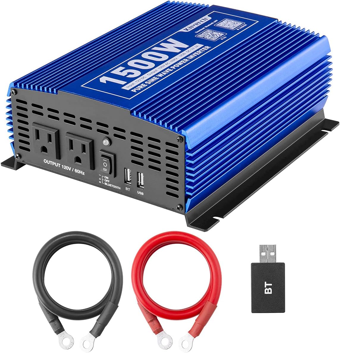 Kinverch 1500W Pure Sine Wave Power Inverter 12V DC to 110V AC Car Inverter with Bluetooth and 2AC Outlets &USB Port for Truck/RV/Home