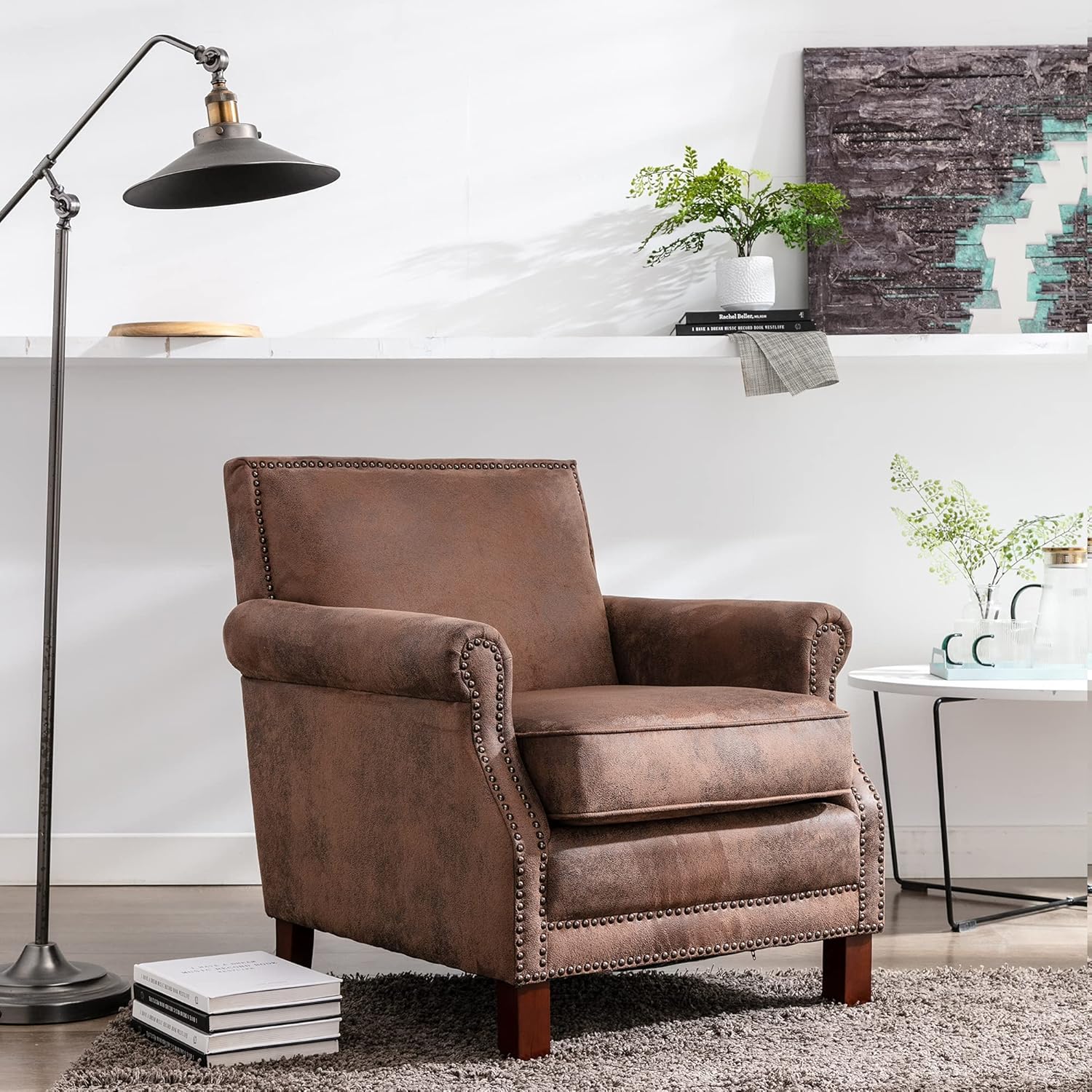 Virabit Single Sofa Chair, Small Living Room Chair with Arms, Solid Wood Frame, Accent Club Chair with Rivet Decoration for Living Room/Study/Bedroom/Office