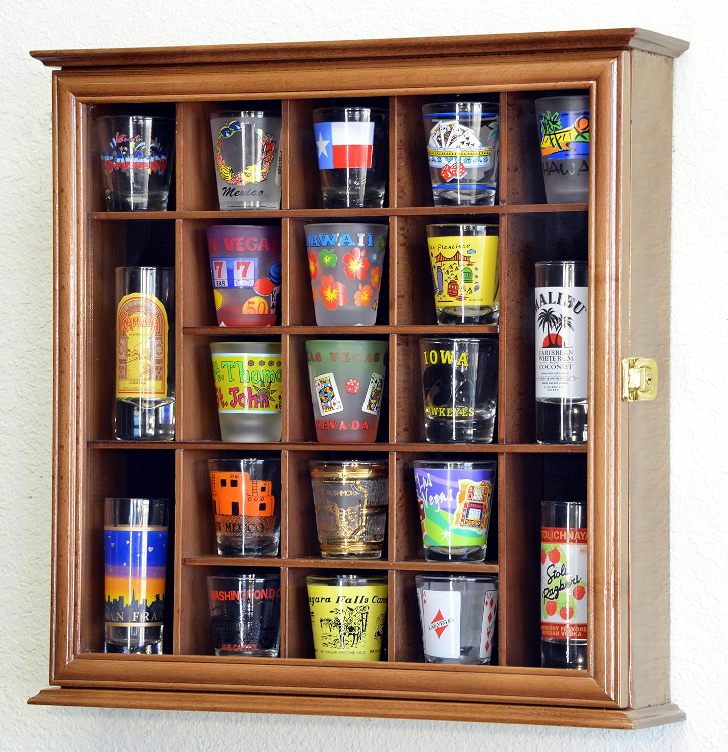21 Shot Glass Shotglass Shooter Display Case Holder Cabinet Wall Rack 98% UV Lockable -Walnut Pack of 2