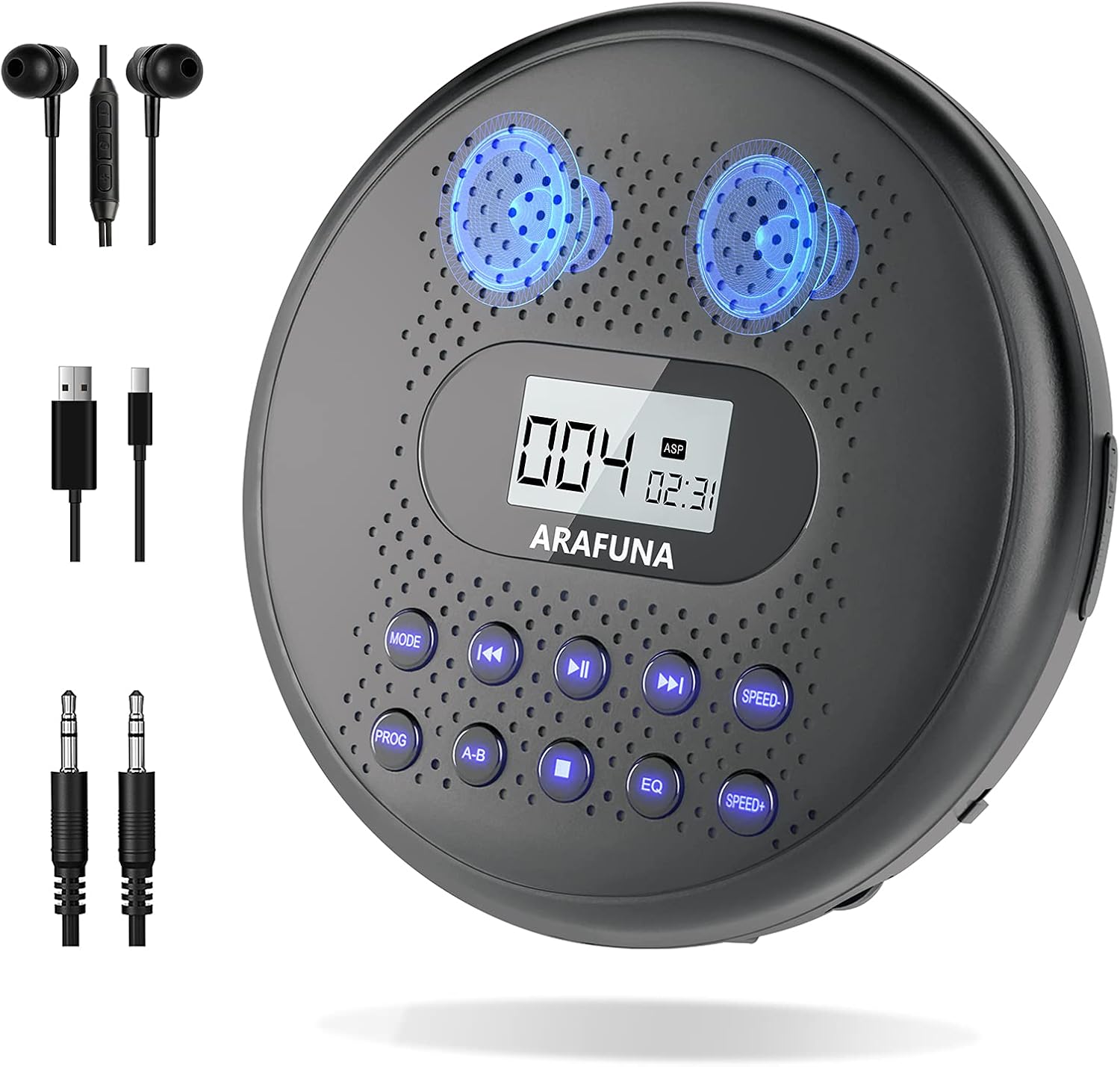 CD Player Portable, ARAFUNA Portable CD Player with Dual Stereo Speakers, Rechargeable CD Player for Car with Anti-Skip Protection, Walkman CD Player with Headphones and AUX Cable Pack of 2