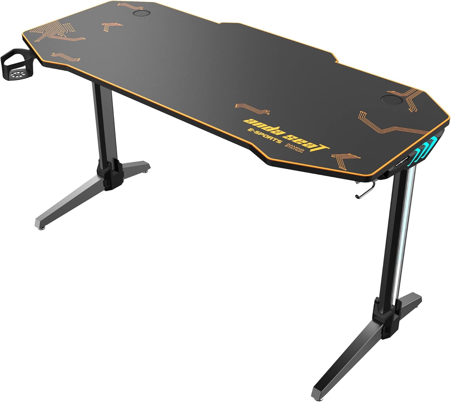 ANDASEAT Eagle 2 Lightening Gaming Desk,Ergonomic Gaming Desk with USB Gaming Handle Rack&Full Desk Mouse Pad,T-Shaped Office PC Computer Desk