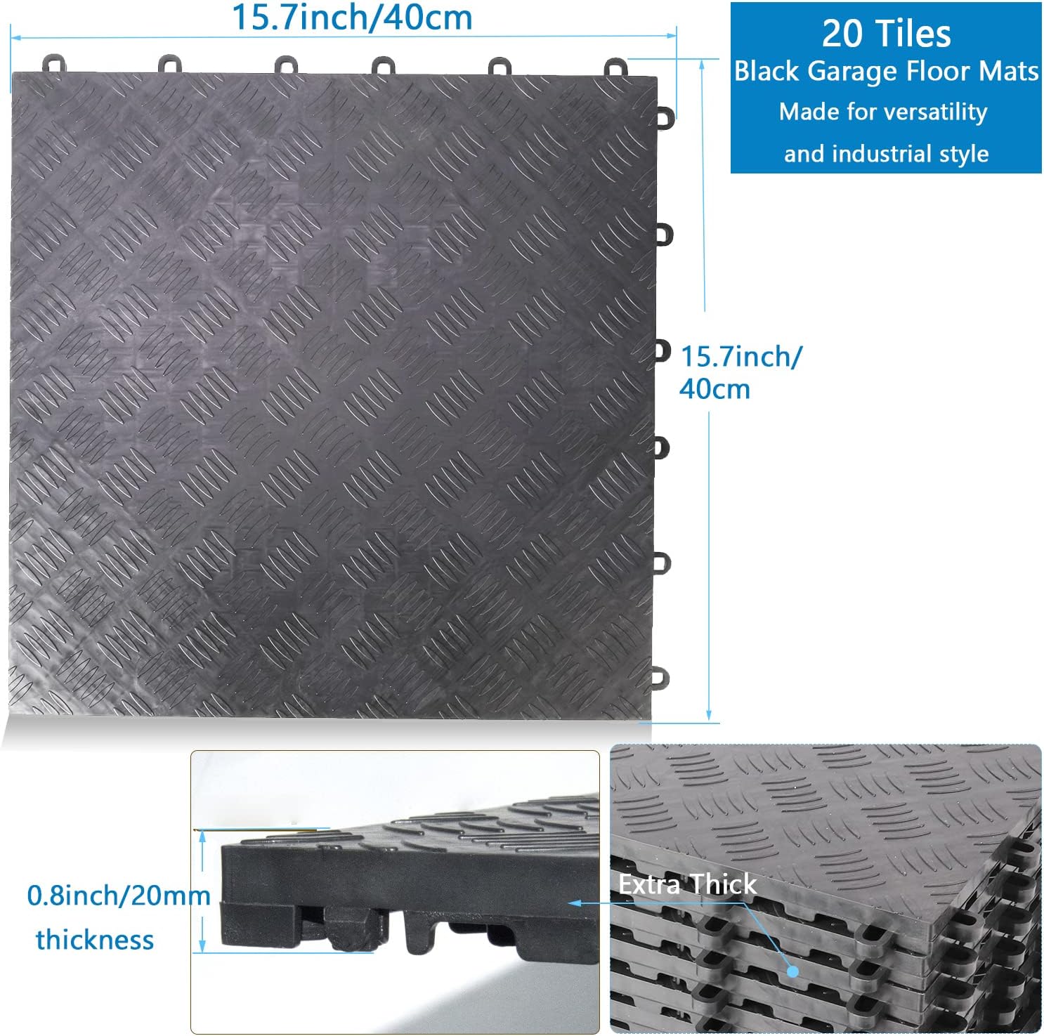 Nisorpa 20Pack Garage Floor Tiles Interlocking Modular Non-Slip Garage Flooring Tile Diamond Plate Plastic Floor Tiles Interlocking for Cars Repair Shop Commercial Parking Floor Mat, 15.7''x15.7''