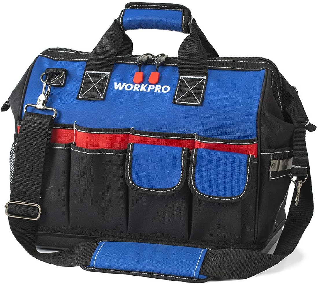 WORKPRO 18-inch Tool Bag Close Top Wide Mouth Storage with Sturdy Waterproof Base & Adjustable Shoulder Strap, HVAC, Electrical and Maintenance Tool Tote Bag Organizer & Storage